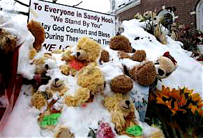 A teddy bear memorial in the snow marks the pain continuing to be felt in Newtown, Conn.