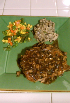 Marksbury Farm Bourbon Chop with Wild Rice Casserole with Mushrooms.