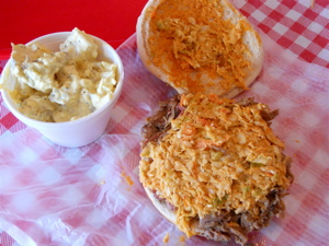 Pulled pork sandwich with potato salad.