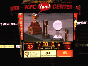 Championship hardware lines the stage at the Yum! Center Wednesday.