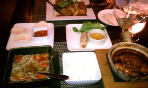 Clay-pot catfish, Tamarind broth, Imperial Rolls, and Japanese Eggplant.