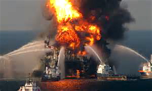 The Deepwater Horizon oil platform burning off the coast of Louisiana before it sank into the Gulf of Mexico.