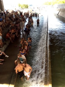 The coolest spot at Forecastle was down in the water out of the sun.