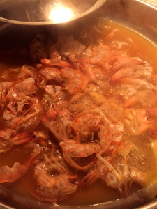The shrimp stock is starting to simmer.